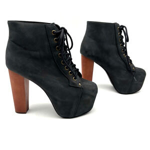 Jeffrey Campbell 'LITA' Black Leather Wood Block Heel Platform Lace Up Boots 6M